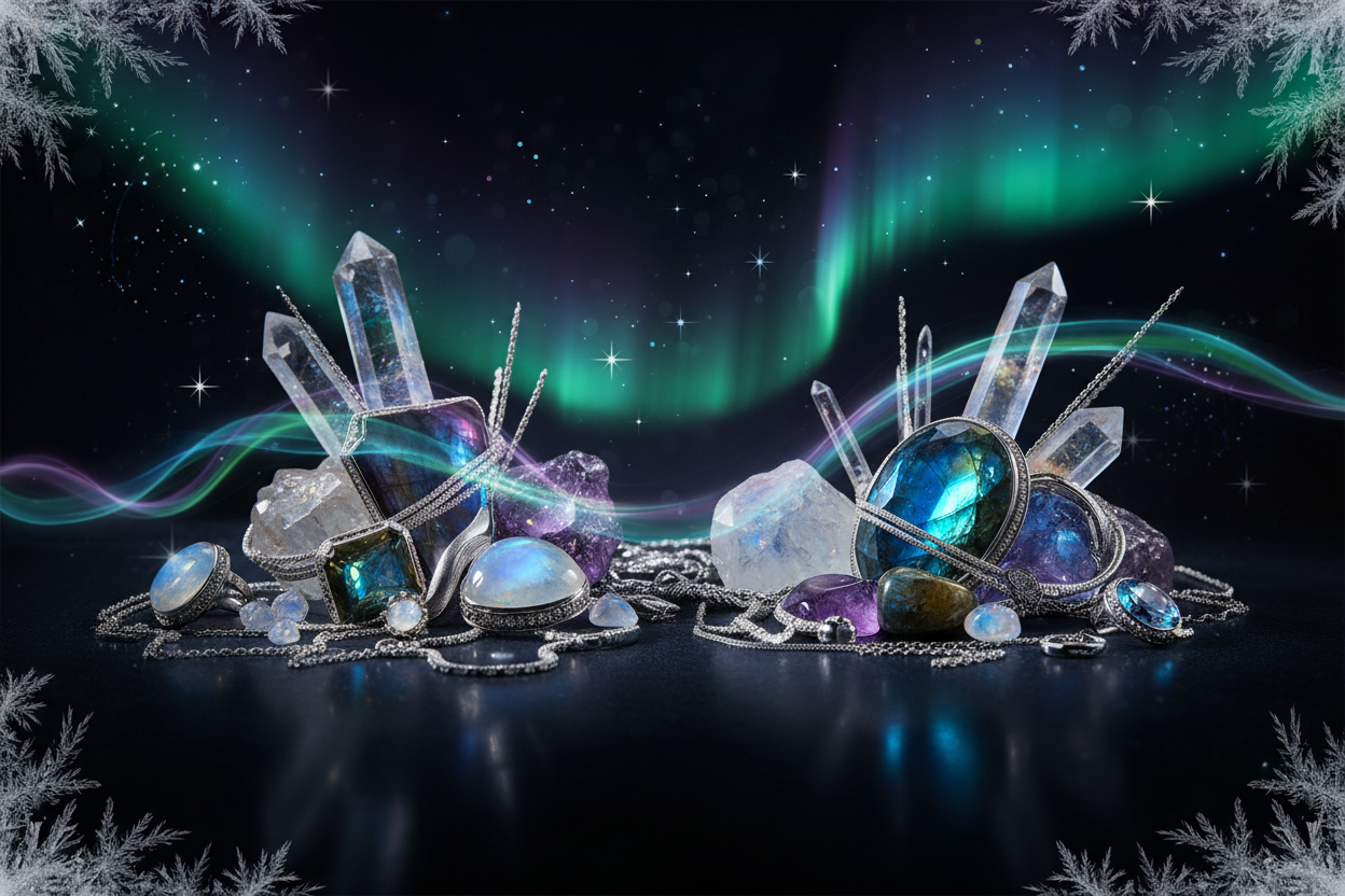 Créer une image captivante de bannière HERO pour une page de création de boxes mystères d'intention des  bijoux et pierres naturelles  vendus sur cette boutiques et inspirés par l'étoile du Nord, les aurores boréales et l'univers polaire. Pas de texte. Elements premium, luxe, rendu professionnel.