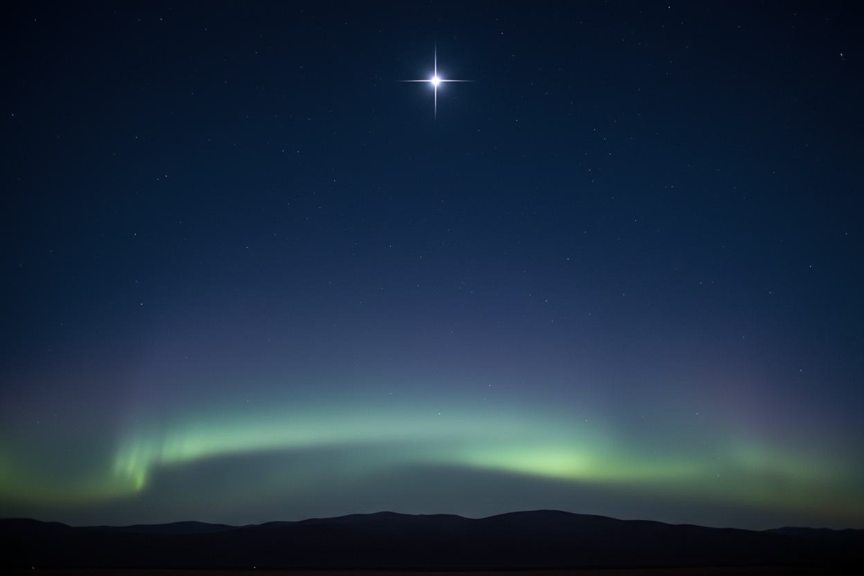 Minimal celestial sky with a single bright north star,
deep blue night sky, subtle aurora glow,
elegant and poetic composition,
luxury brand aesthetic, calm and timeless,
no text, no people, soft light
