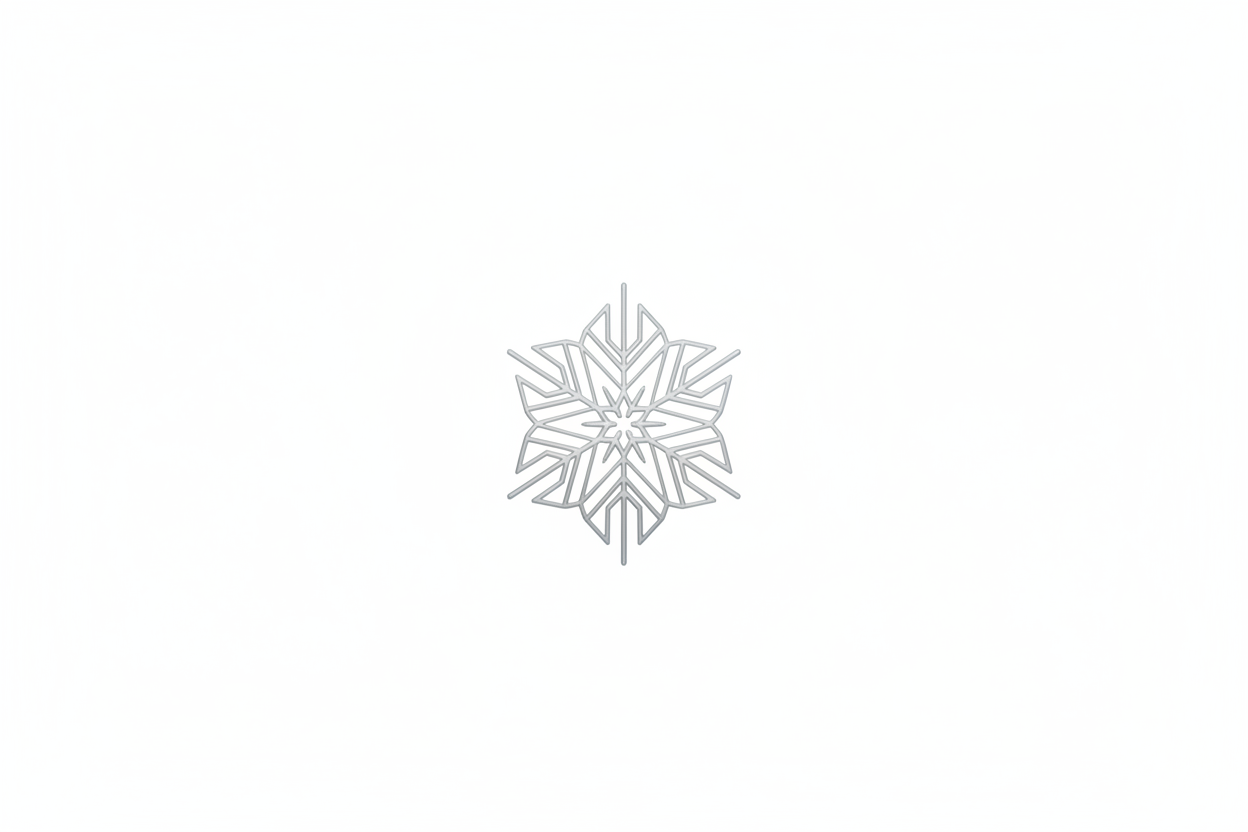 Minimal luxury geometric line icon inspired by Nordic aesthetics. Thin silver strokes creating an abstract star, snow crystal, or aurora-like symmetry. Very clean, elegant, balanced. No shading, no background, no realistic elements. Editorial premium Scandinavian style