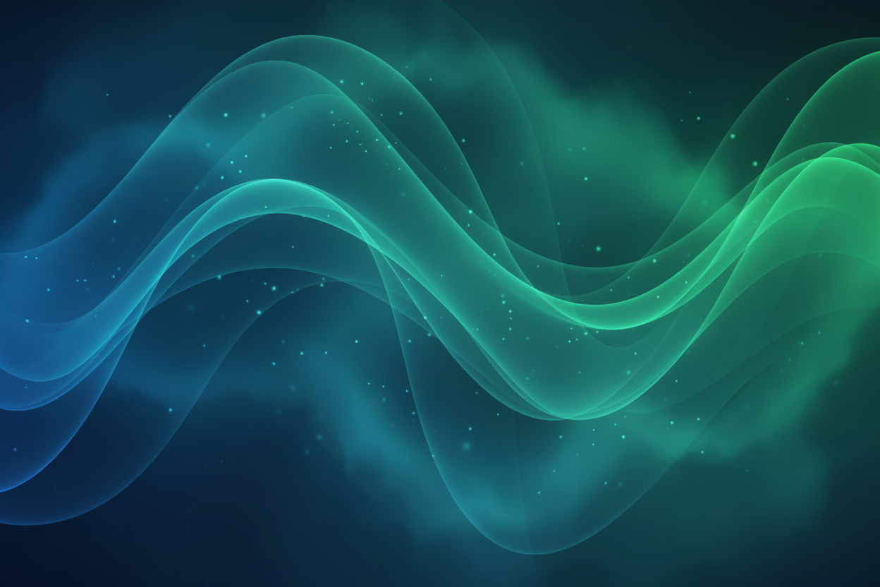 Soft aurora-inspired light textures in mint and glacier teal, blurred luminous waves, airy minimal background with subtle sparkles. No recognizable shapes, no sky, no horizon. Elegant, modern, premium.